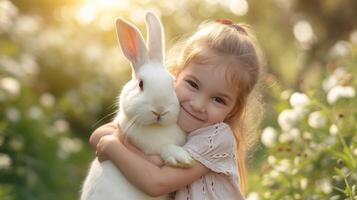 ai gegenereerd gelukkig weinig meisje knuffelen een groot wit konijn Aan de achtergrond van een zomer zonnig tuin foto