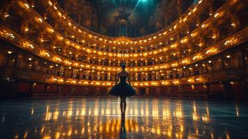 ai gegenereerd eenzaam ballerina opleiding alleen Aan de stadium van een groot opera huis in voorkant van een leeg hal foto