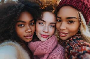 ai gegenereerd drie Dames nemen een selfie met een een ander foto