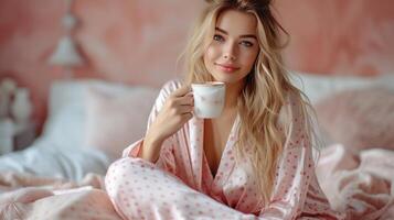 ai gegenereerd jong mooi vrouw in roze zijde pyjama met polka dots drankjes koffie terwijl zittend Aan de bed foto