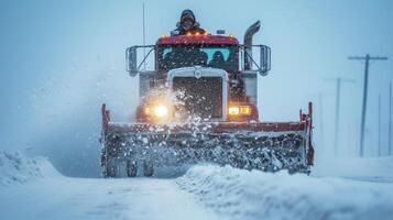 ai gegenereerd een Mens duwt een sneeuwploeg in voorkant van hem foto