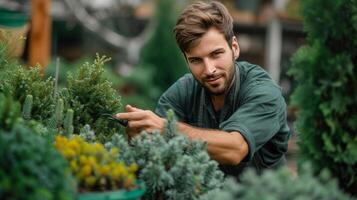 ai gegenereerd een jong knap tuinman in een donker groen schort versieringen een thuja in een ronde vorm foto