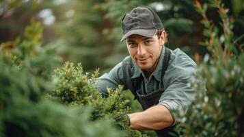 ai gegenereerd een jong knap tuinman in een donker groen schort versieringen een thuja in een ronde vorm foto