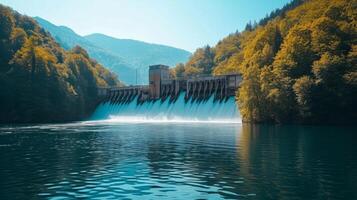 ai gegenereerd mooi achtergrond met een water hydro station Aan de rivier. zonnig zomer dag foto