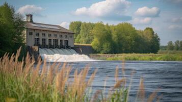 ai gegenereerd mooi achtergrond met een water hydro station Aan de rivier. zonnig zomer dag foto