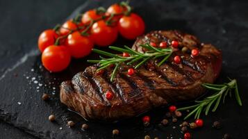 ai gegenereerd heerlijk gegrild rundvlees steak met kers tomaten en een takje van rozemarijn foto