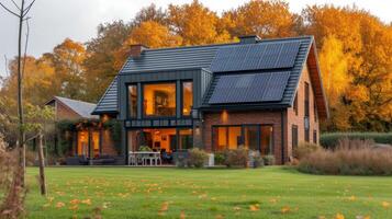 ai gegenereerd modern Engels stijl huis met zonne- panelen Aan de dak foto