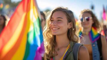 ai gegenereerd jong Dames en mannen wandelen naar beneden de straat met regenboog vlaggen foto