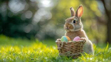 ai gegenereerd een schattig Pasen konijn staat Aan een groen gazon en houdt in zijn poten een rieten mand met kleurrijk Pasen eieren foto