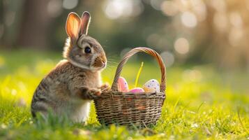 ai gegenereerd een schattig Pasen konijn staat Aan een groen gazon en houdt in zijn poten een rieten mand met kleurrijk Pasen eieren foto