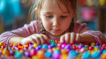 ai gegenereerd een weinig meisje van acht jaren oud verzamelt kralen voor haarzelf van veelkleurig plastic ronde kralen foto