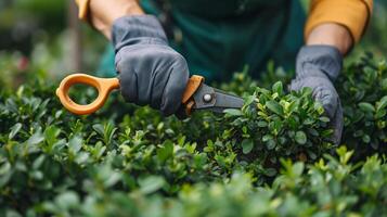 ai gegenereerd een jong knap tuinman versieringen een buxus struik met groot tuin schaar foto