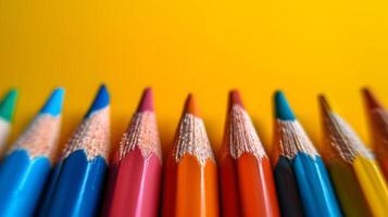 ai gegenereerd gekleurde potloden liggen in een rij Aan een helder minimalistisch achtergrond foto