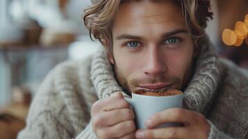 ai gegenereerd knap jong Mens in een warm gebreid trui drankjes heet chocola foto