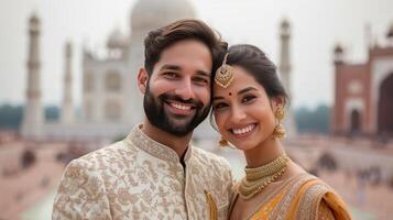 ai gegenereerd gelukkig mooi en Indisch paar glimlachen op zoek Bij camera terwijl staand tegen wazig Indisch foto