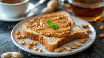 ai gegenereerd geroosterd brood verspreiding met pinda boter leugens Aan een wit bord foto