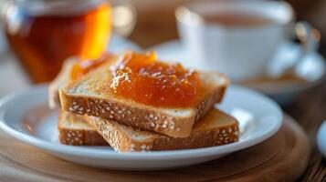 ai gegenereerd geroosterd brood met oranje jam verspreiding leugens Aan een wit bord foto