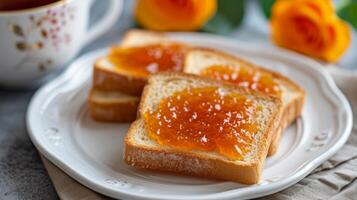 ai gegenereerd geroosterd brood met oranje jam verspreiding leugens Aan een wit bord foto