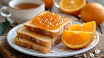 ai gegenereerd geroosterd brood met oranje jam verspreiding leugens Aan een wit bord foto