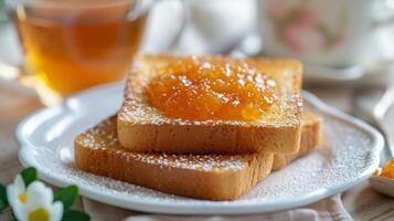 ai gegenereerd geroosterd brood met oranje jam verspreiding leugens Aan een wit bord foto