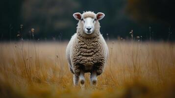 ai gegenereerd een mooi groot dik schapen staat en looks Bij de camera foto