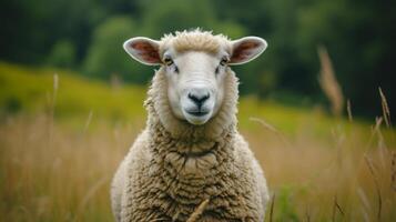 ai gegenereerd een mooi groot dik schapen staat en looks Bij de camera foto