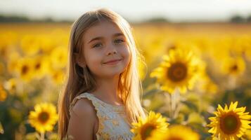 ai gegenereerd een mooi jong meisje wandelingen door een veld- met bloeiend zonnebloemen foto