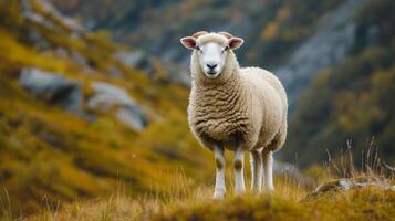 ai gegenereerd een mooi groot dik schapen staat en looks Bij de camera foto