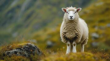 ai gegenereerd een mooi groot dik schapen staat en looks Bij de camera foto