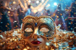 ai gegenereerd een glimmend gouden carnaval masker leugens Aan een gouden tafel omringd door confetti en schitteren foto