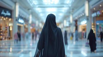 ai gegenereerd een jong mooi Arabisch vrouw in een zwart abaya wandelingen door een groot boodschappen doen centrum foto