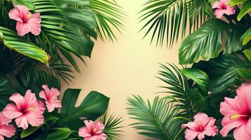 ai gegenereerd mooi achtergrond voor reclame met tropisch bladeren, palm bomen foto