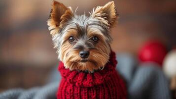 ai gegenereerd pluizig weinig yorkshire terriër hond in een rood gebreid trui looks Bij de camera foto