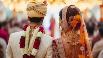 ai gegenereerd Indisch bruiloft. jong mooi bruid en bruidegom in nationaal Indisch kostuums foto