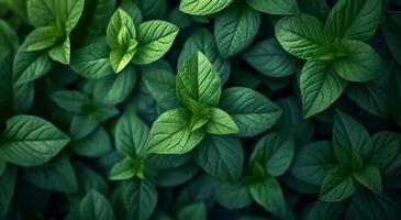 ai gegenereerd een dichtbij omhoog beeld van veel groen bladeren in de tuin foto