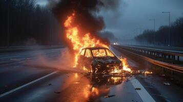 ai gegenereerd een eenzaam auto brandwonden Aan de autobahn foto