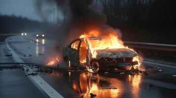 ai gegenereerd een eenzaam auto brandwonden Aan de autobahn foto