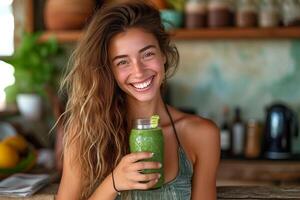 ai gegenereerd een glimlachen vrouw Holding een groen smoothie foto