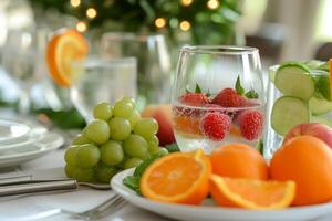 ai gegenereerd een momentopname van een tafel reeks met verfrissend doordrenkt water, vers fruit foto