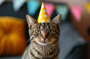 ai gegenereerd een gestreept kat vervelend een geel verjaardag hoed foto
