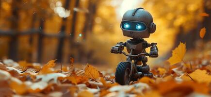 ai gegenereerd een klein metaal robot rijden een speelgoed- fiets in herfst foto