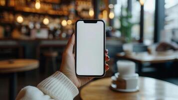 ai gegenereerd een vrouw hand- Holding een telefoon met wit blanco scherm Bij een koffie winkel foto