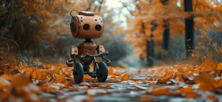 ai gegenereerd een houten robot Aan een fiets Aan de traject in herfst foto