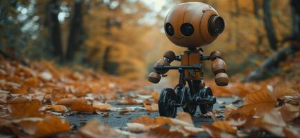 ai gegenereerd een houten robot Aan een fiets Aan de traject in herfst foto