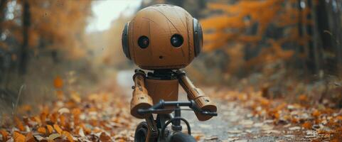 ai gegenereerd een houten robot Aan een fiets Aan de traject in herfst foto