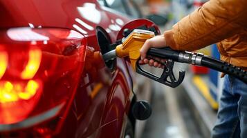 ai gegenereerd een jong Mens inzetstukken een gas- mondstuk in de gas- tank van zijn rood auto Bij een gas- station foto