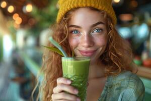 ai gegenereerd meisje houdt een groen smoothie foto