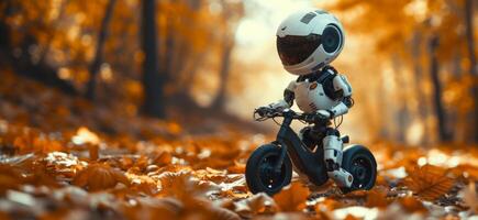 ai gegenereerd robot Aan fiets zittend in de Woud met vallen bladeren foto