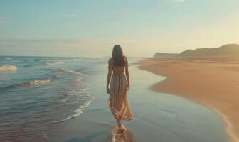 ai gegenereerd een meisje in een jurk wandelen Aan een strand foto