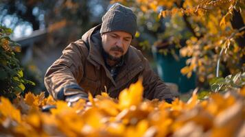 ai gegenereerd een Mens in de tuin veegt omhoog gedaald bladeren foto